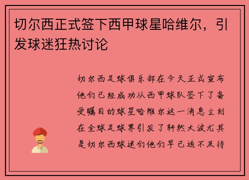 切尔西正式签下西甲球星哈维尔，引发球迷狂热讨论