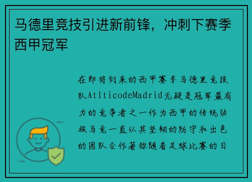 马德里竞技引进新前锋，冲刺下赛季西甲冠军