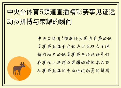 中央台体育5频道直播精彩赛事见证运动员拼搏与荣耀的瞬间
