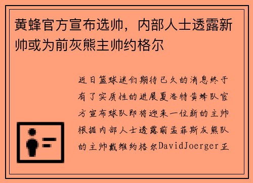 黄蜂官方宣布选帅，内部人士透露新帅或为前灰熊主帅约格尔